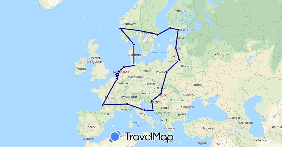TravelMap itinerary: driving in Belgium, Germany, Denmark, Estonia, Finland, France, Croatia, Hungary, Italy, Lithuania, Latvia, Netherlands, Norway, Poland, Sweden, Slovakia (Europe)
